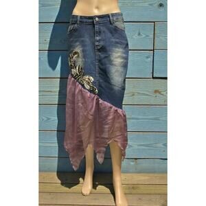 Ursime Y2K sequin embellishment pink ruffles fishtail denim midi skirt size L